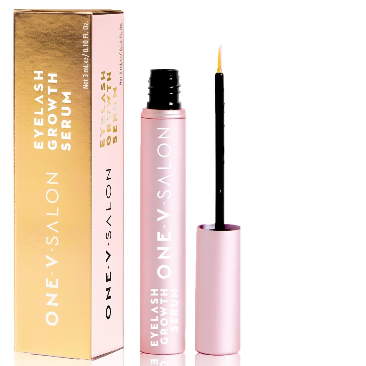 One V Salon eyelash growth serum bottle close-up for healthier-looking lashes