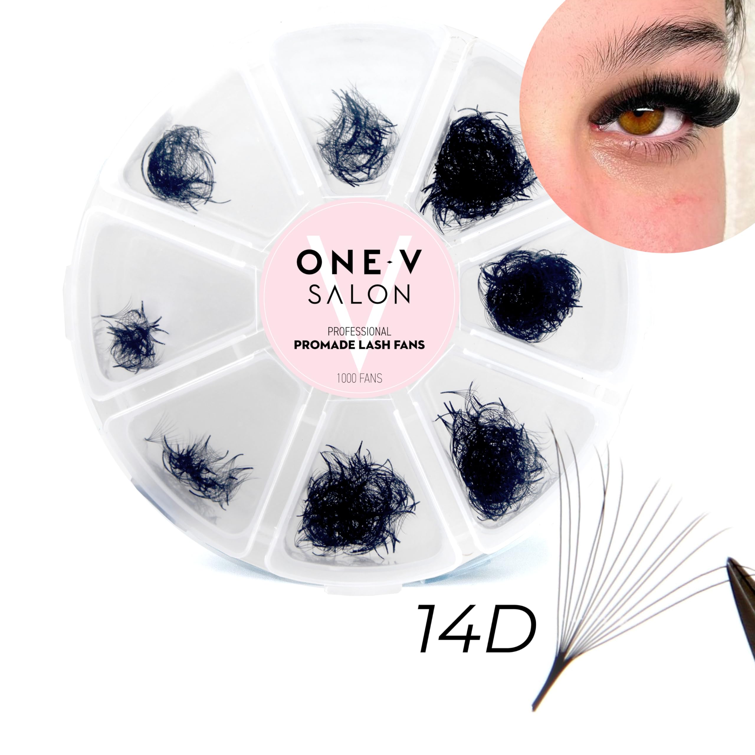 One V Salon Pro 14D lash fans provide feather-light feel with slim 0.05 mm fibers.