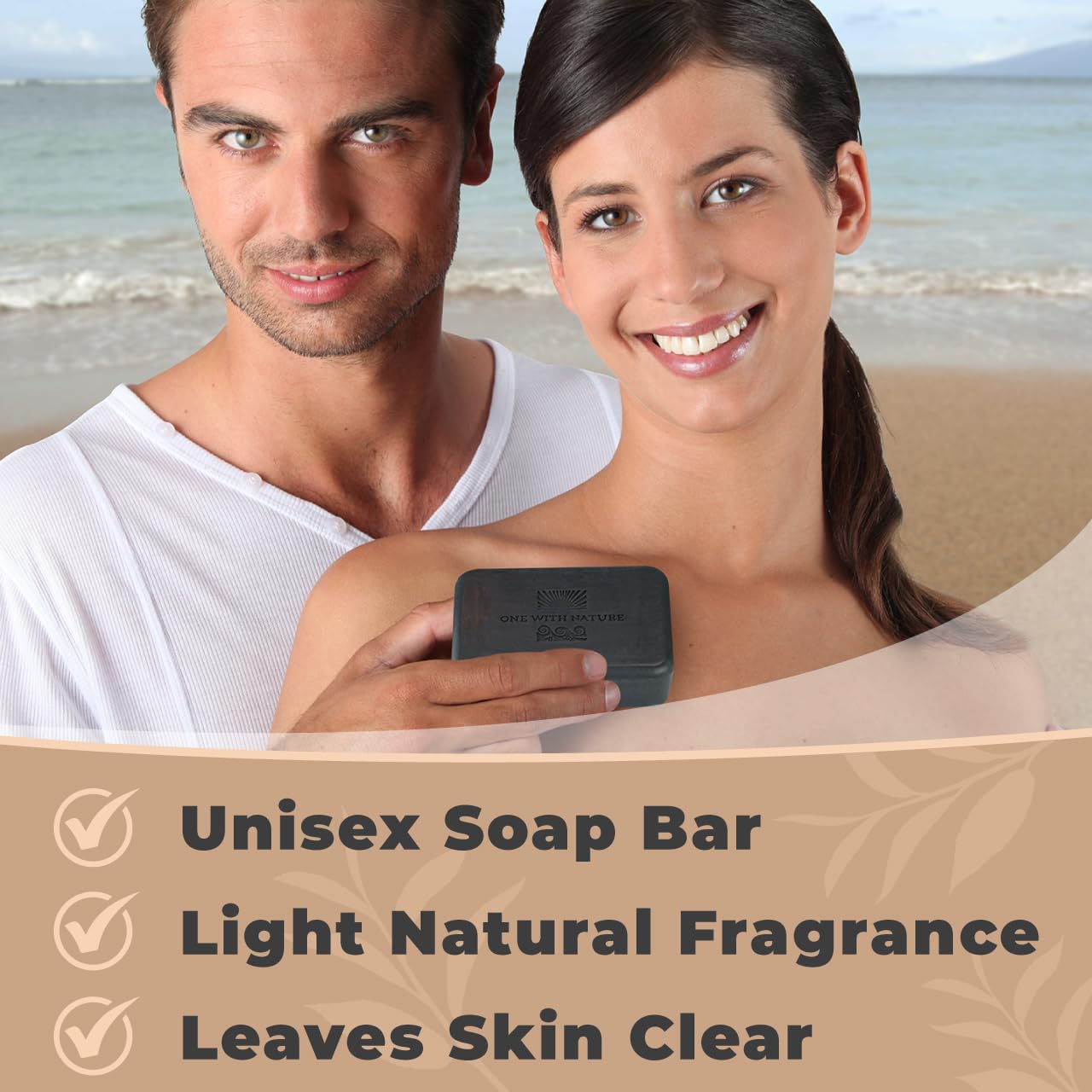 One With Nature activated charcoal soap bar showing exfoliating texture for detox cleansing.