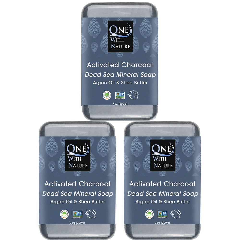 One With Nature activated charcoal soap bar ready for cleansing and exfoliation