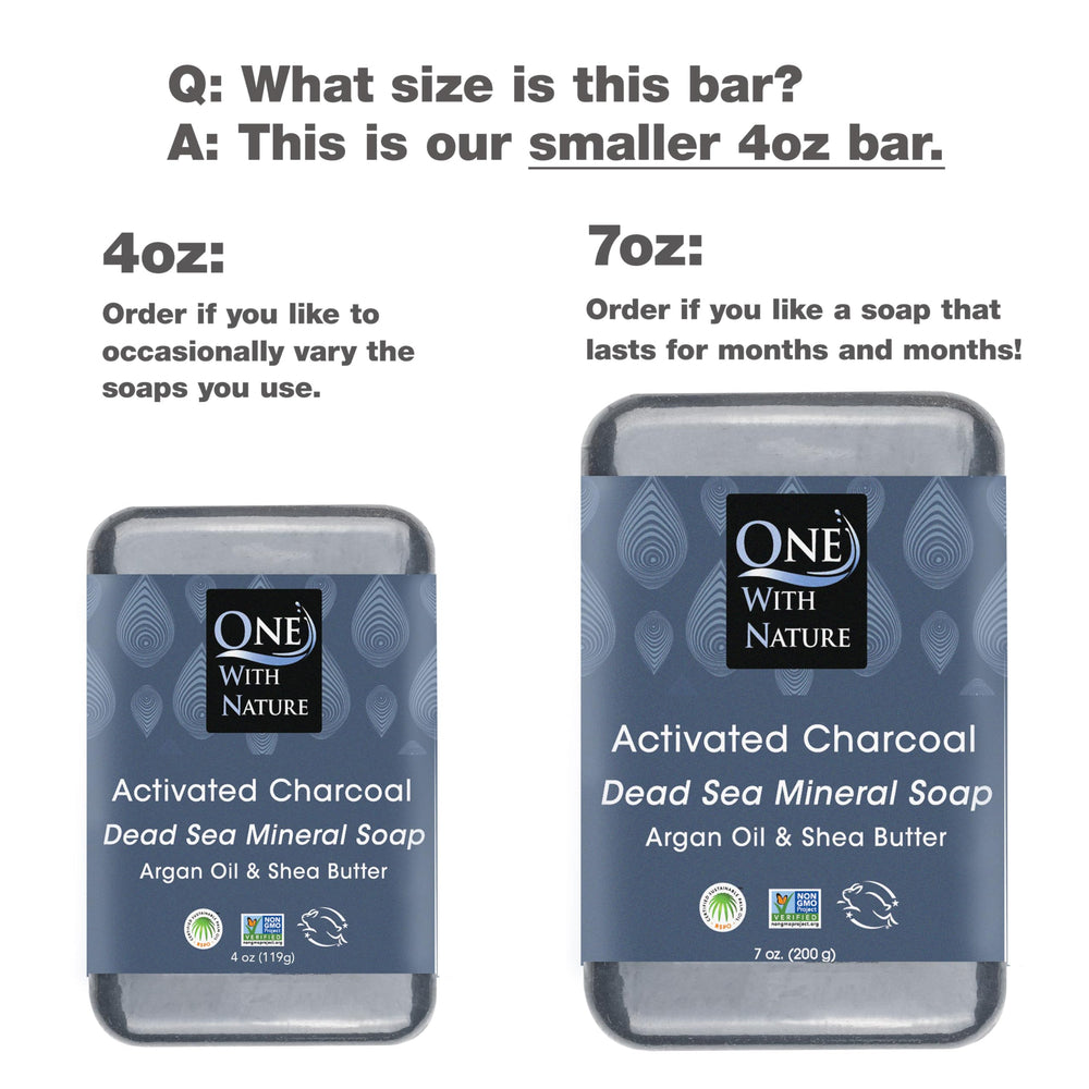 One With Nature activated charcoal soap close-up showing textured bar for detox cleansing.