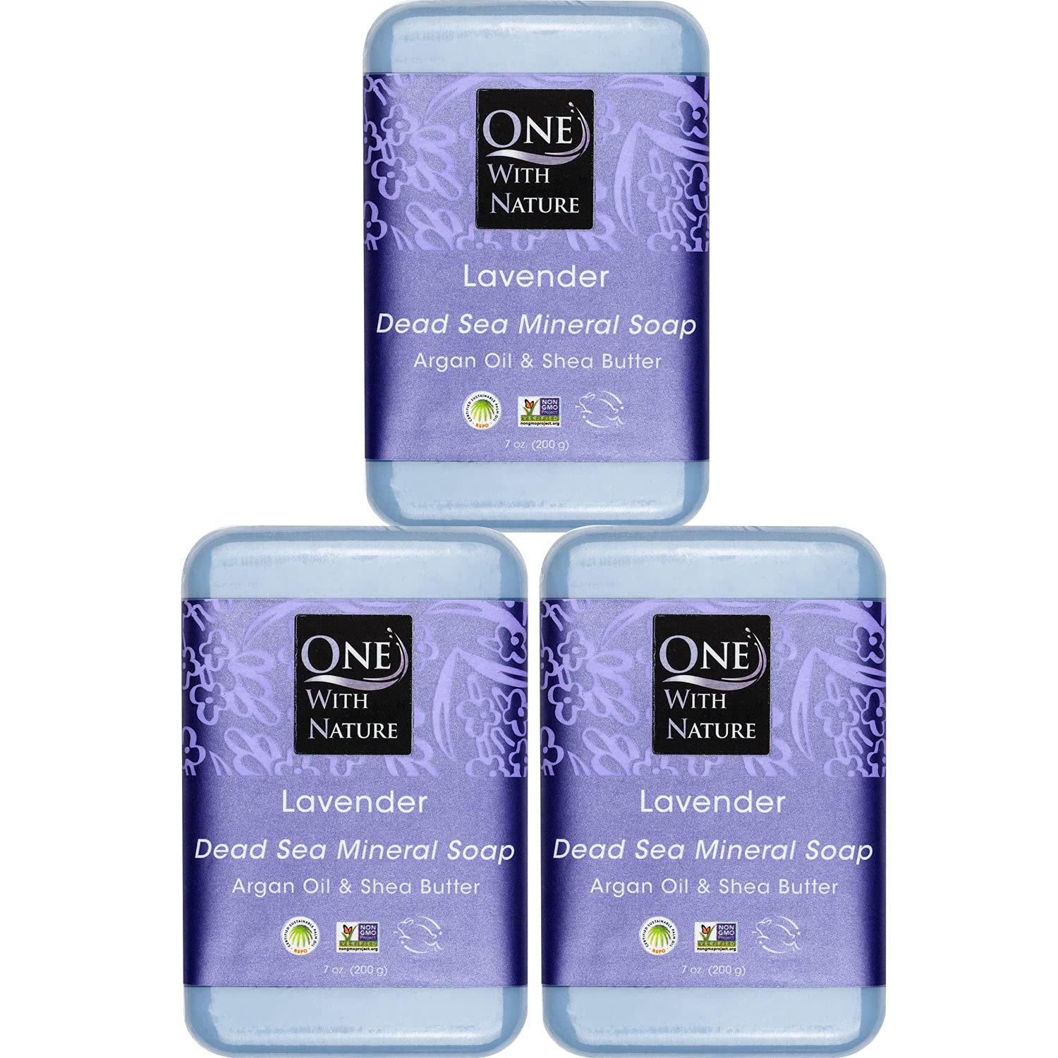 One With Nature Dead Sea Salt Lavender Soap bar front view for soothing facial and body cleanse