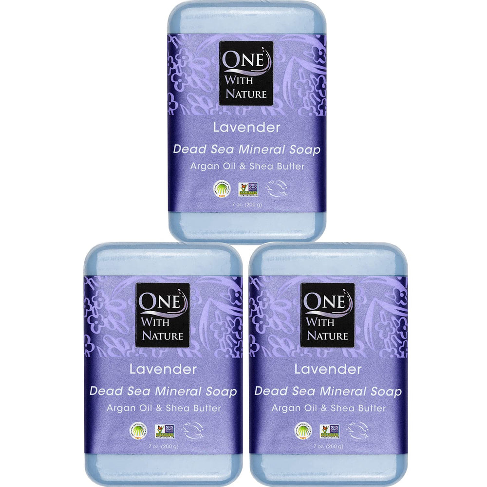 One With Nature Dead Sea Salt Lavender Soap bar front view for soothing facial and body cleanse