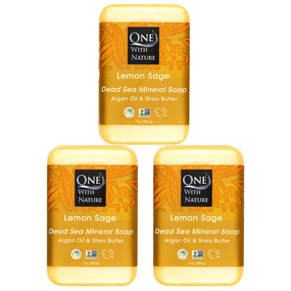 One With Nature Dead Sea Salt Lemon Sage Soap bar lathers richly for refreshed skin.