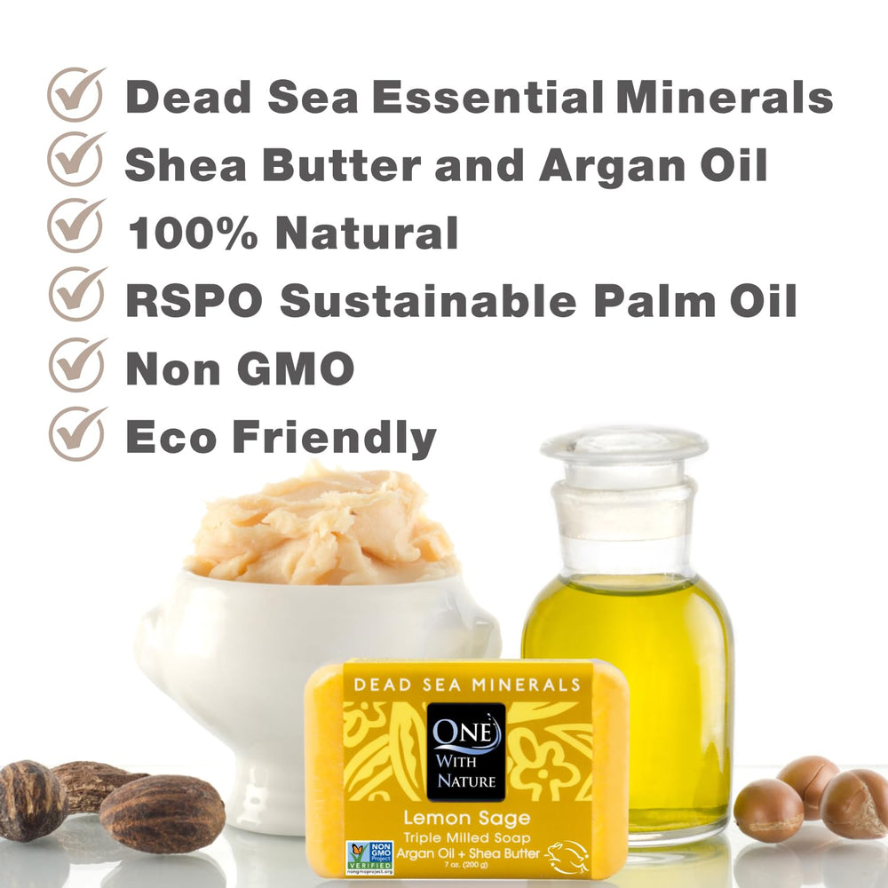 One With Nature Dead Sea Salt Lemon Sage Soap resting on bathroom shelf for daily cleansing.