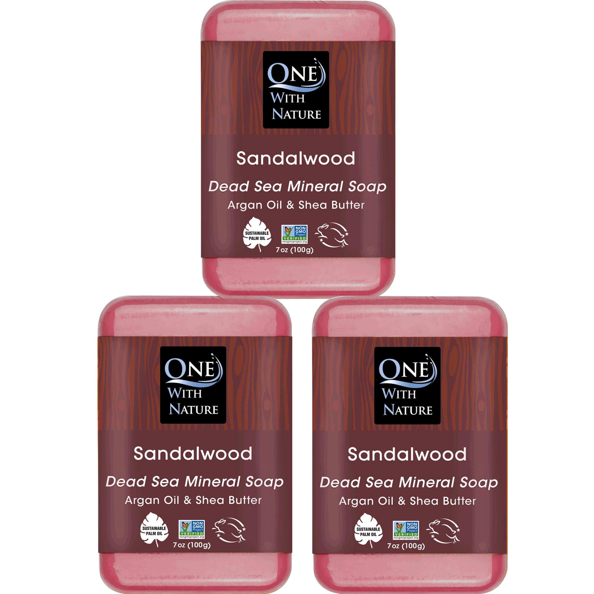 One With Nature Dead Sea Salt Sandalwood soap bar 3-pack on display for purifying exfoliation.