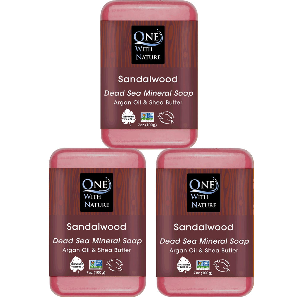 One With Nature Dead Sea Salt Sandalwood soap bar 3-pack on display for purifying exfoliation.
