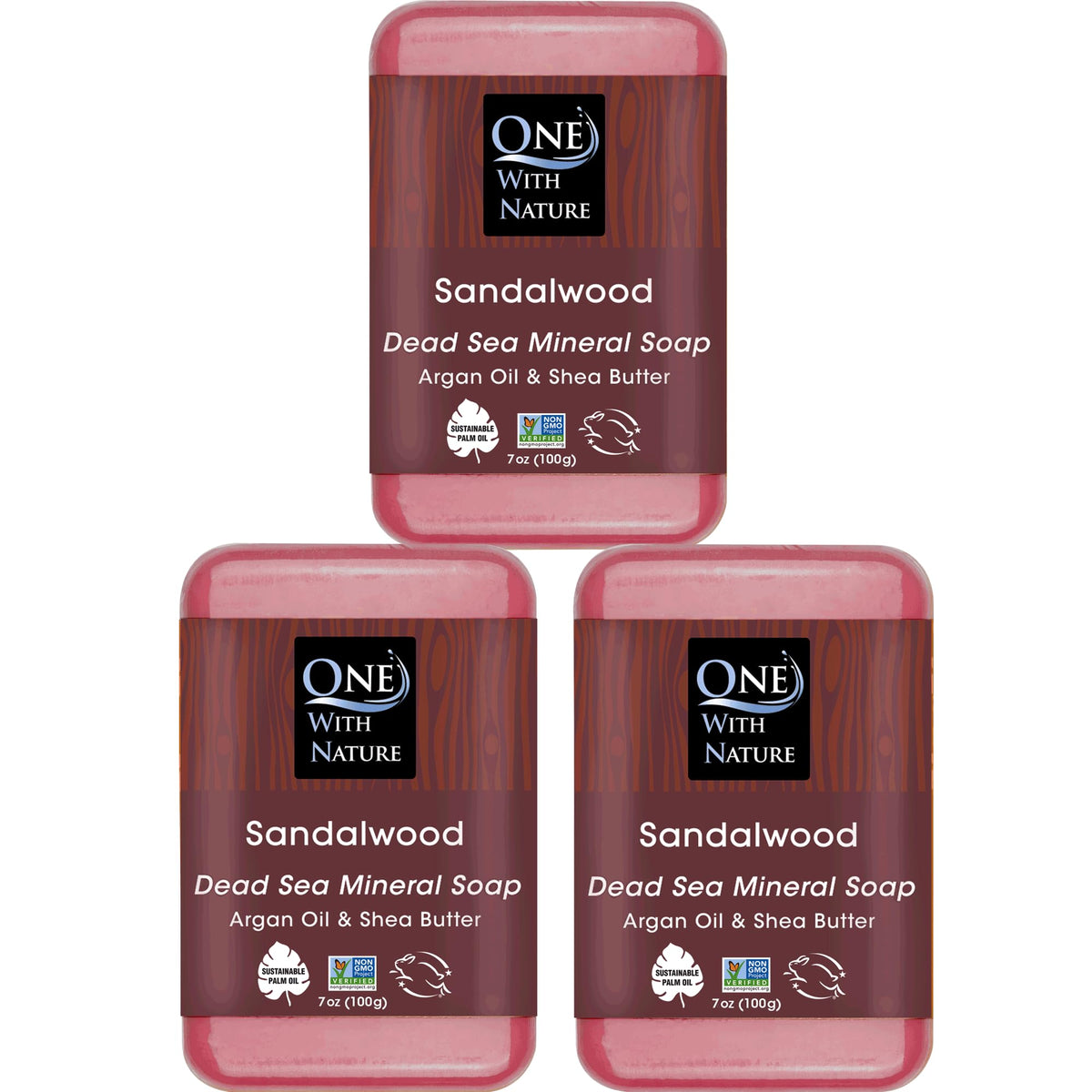 One With Nature Dead Sea Salt Sandalwood soap bar 3-pack on display for purifying exfoliation.