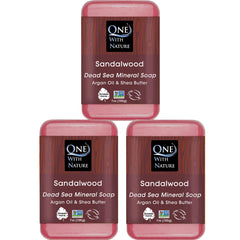 One With Nature Dead Sea Salt Sandalwood soap bar 3-pack on display for purifying exfoliation.