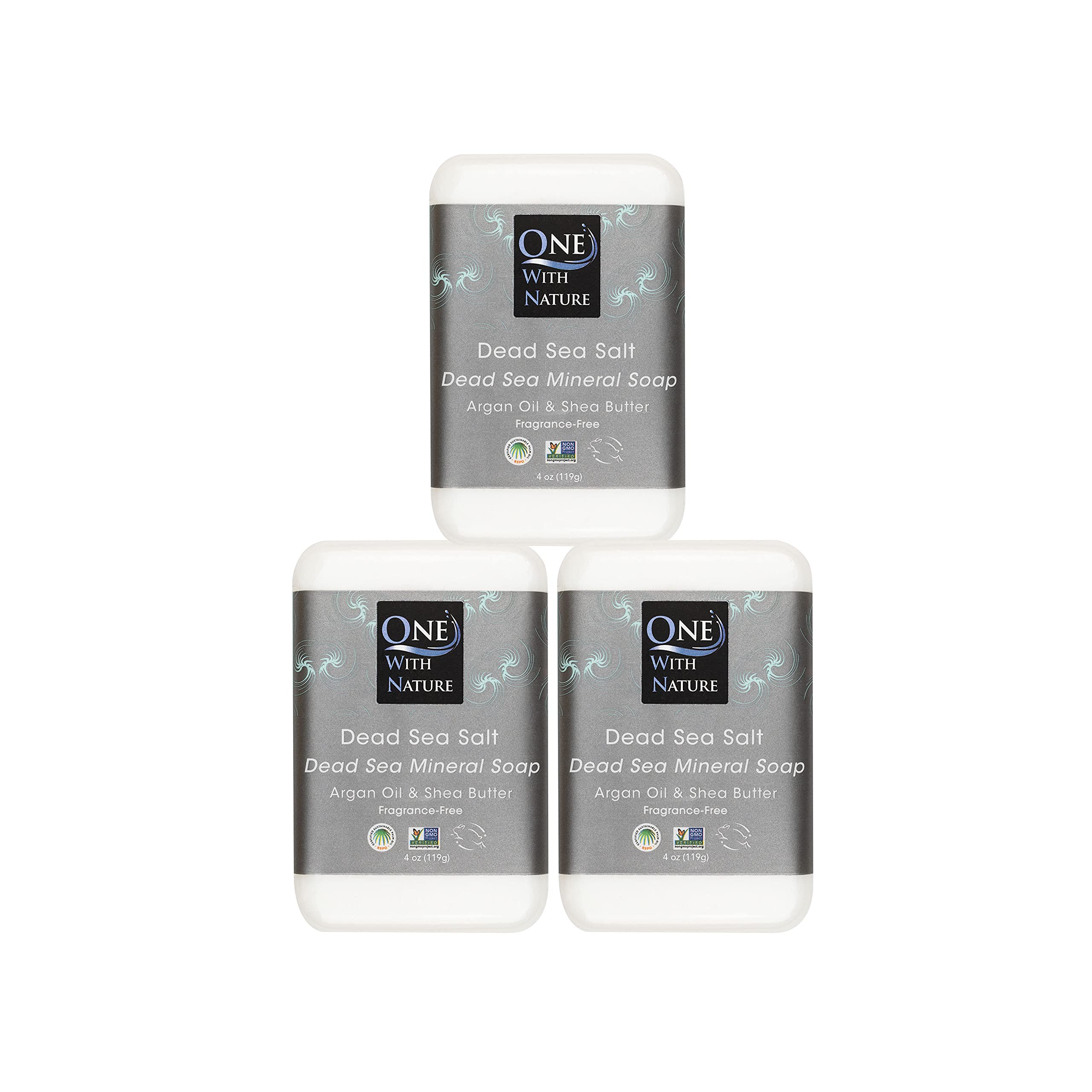 One With Nature Dead Sea Salt Soap 4oz bar unwrap for gentle mineral cleansing on face and body.