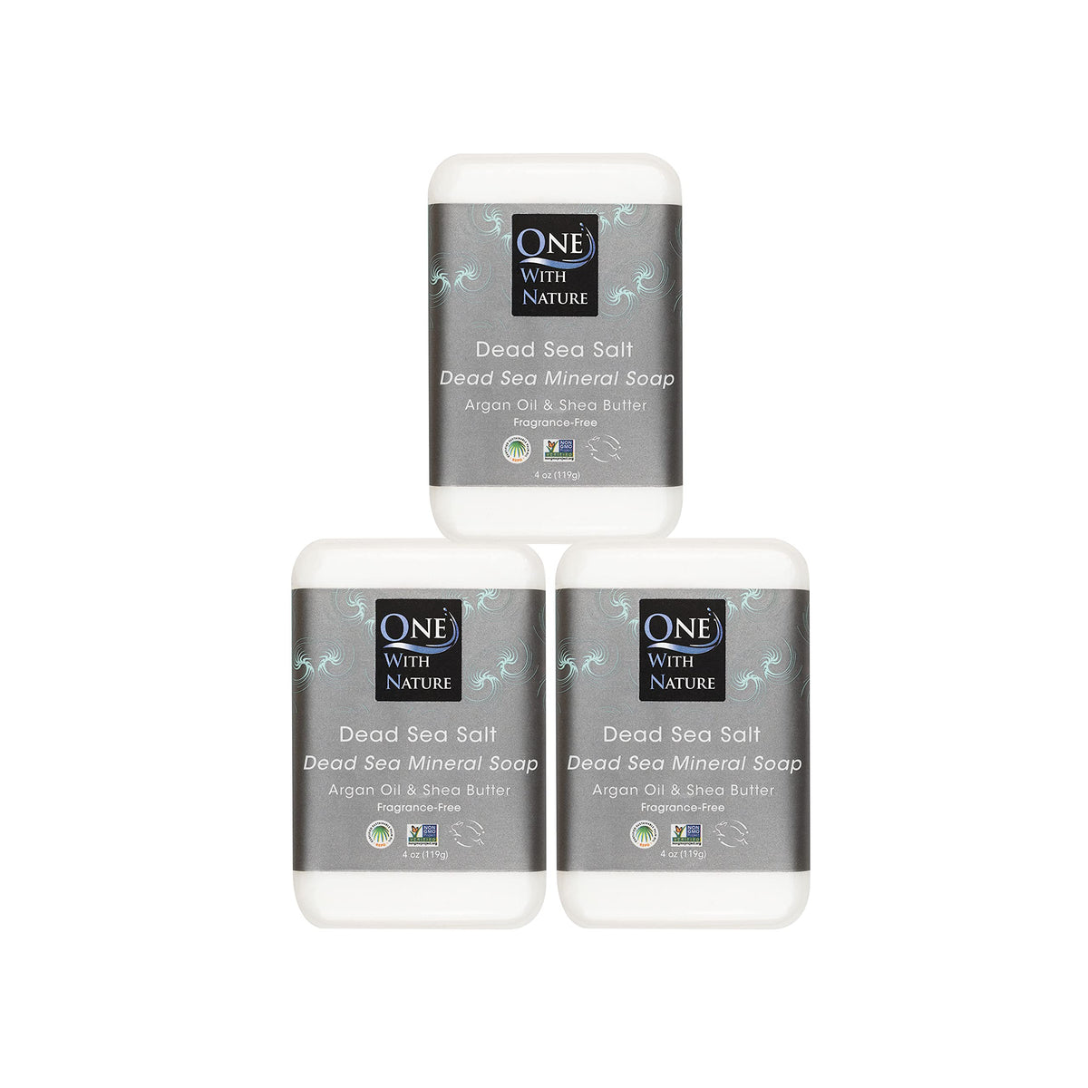 One With Nature Dead Sea Salt Soap 4oz bar unwrap for gentle mineral cleansing on face and body.