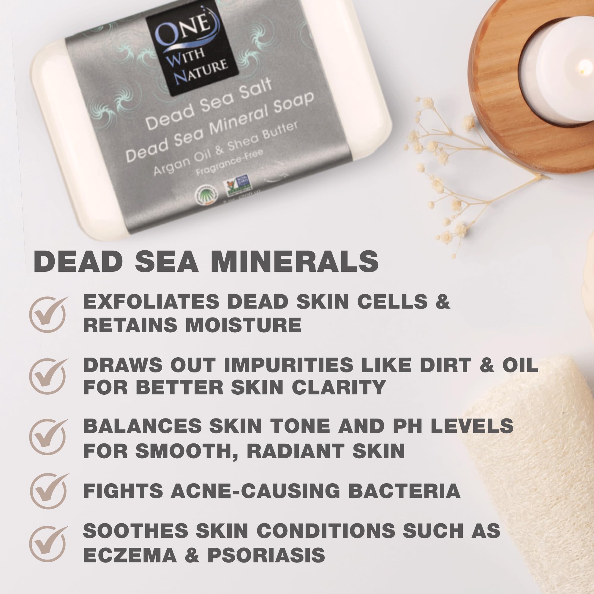 One With Nature Dead Sea Salt Soap 4oz pack packaging highlights eco-friendly, natural minerals.
