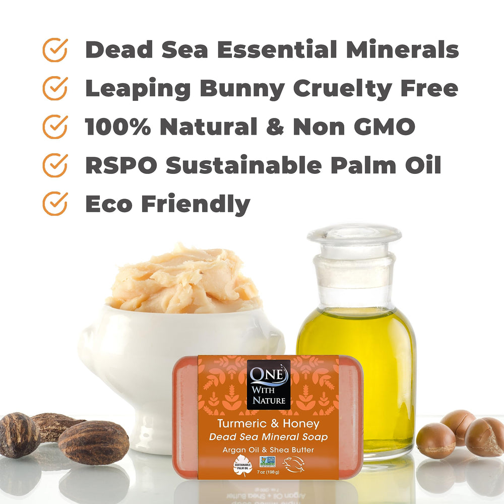 One With Nature Dead Sea Salt Turmeric Soap lather close-up showing creamy foam