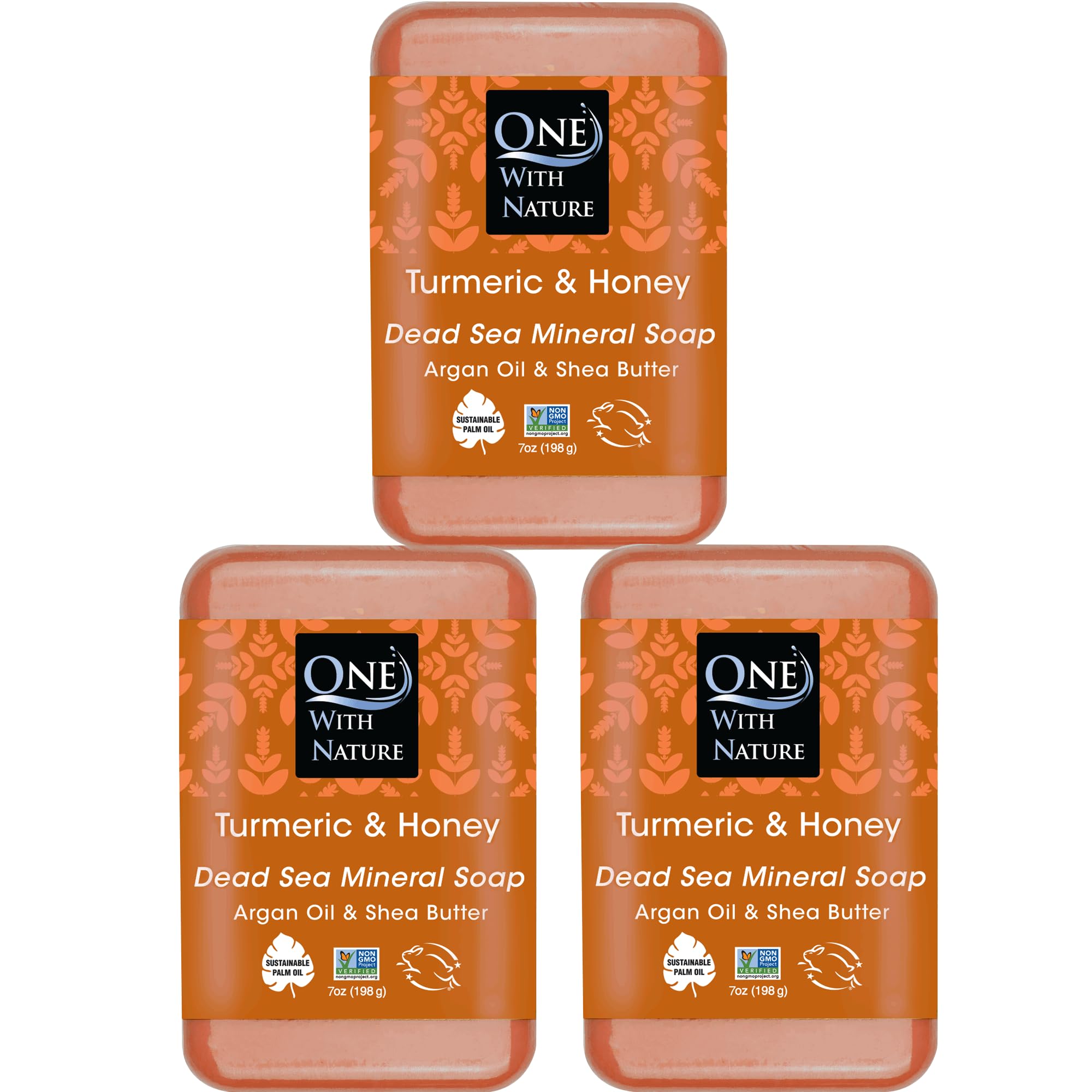 One With Nature Dead Sea Salt Turmeric Soap three-pack packaging for easy daily cleansing