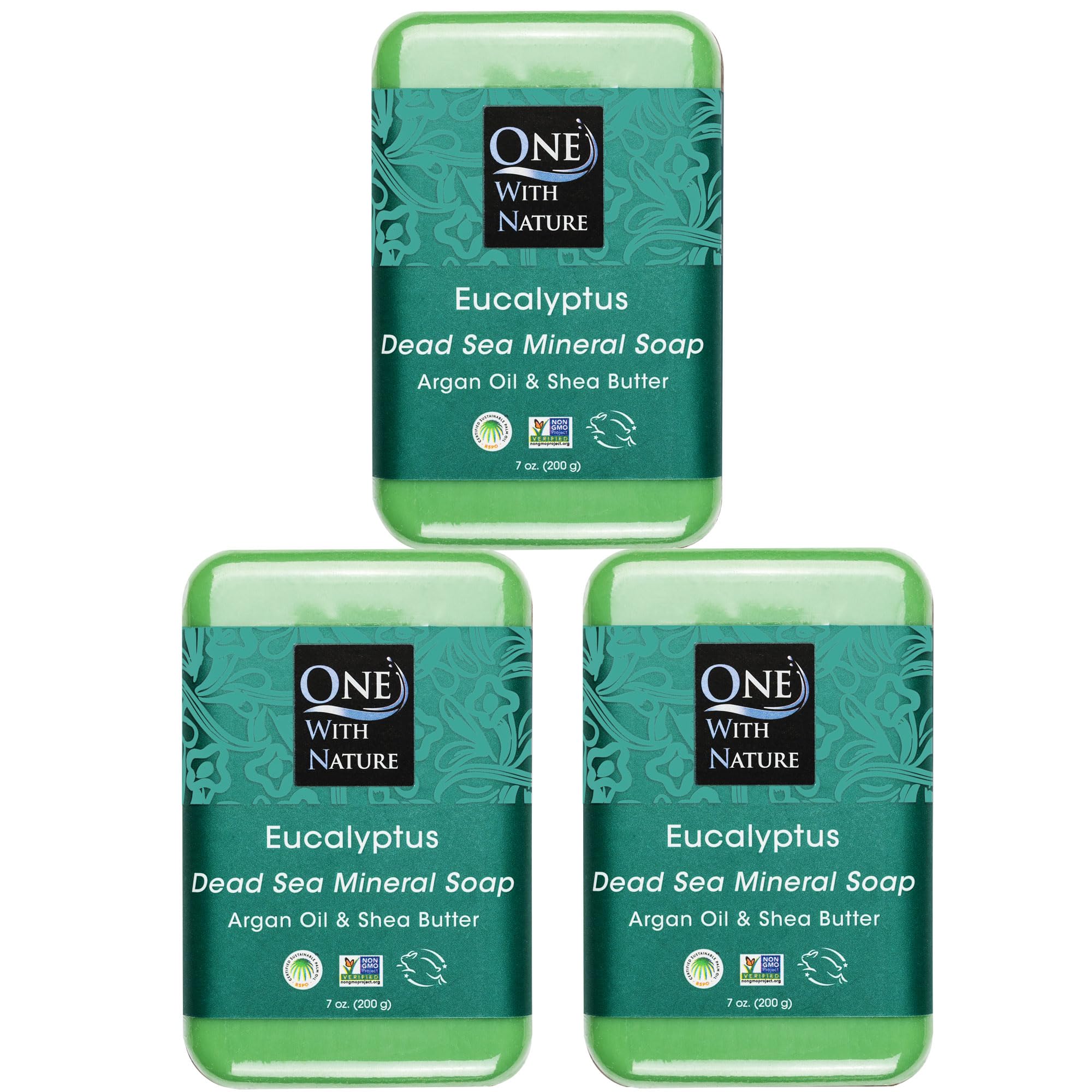 One With Nature eucalyptus soap 3-pack packaging highlights eco-friendly materials for sustainable skincare.