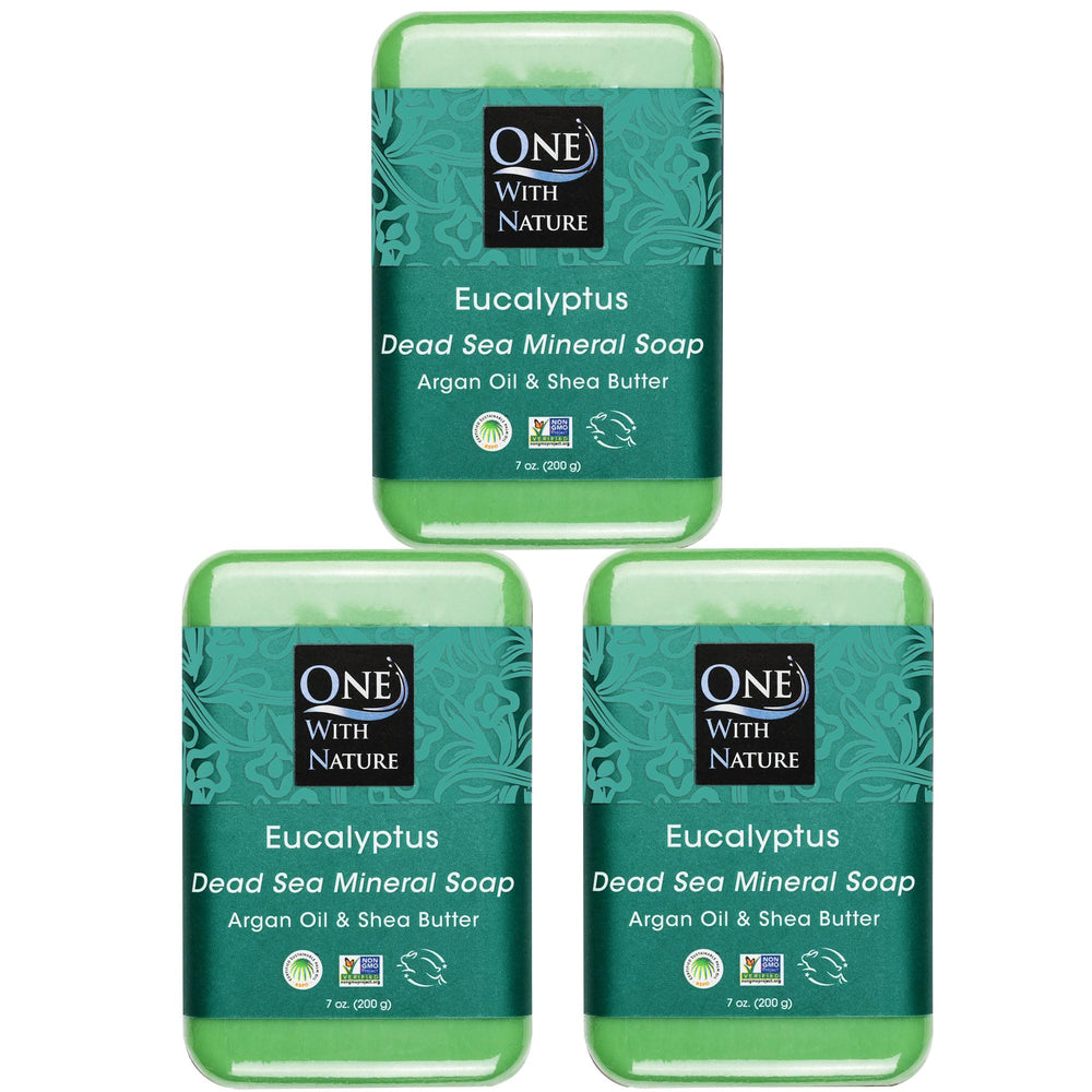 One With Nature eucalyptus soap 3-pack packaging highlights eco-friendly materials for sustainable skincare.