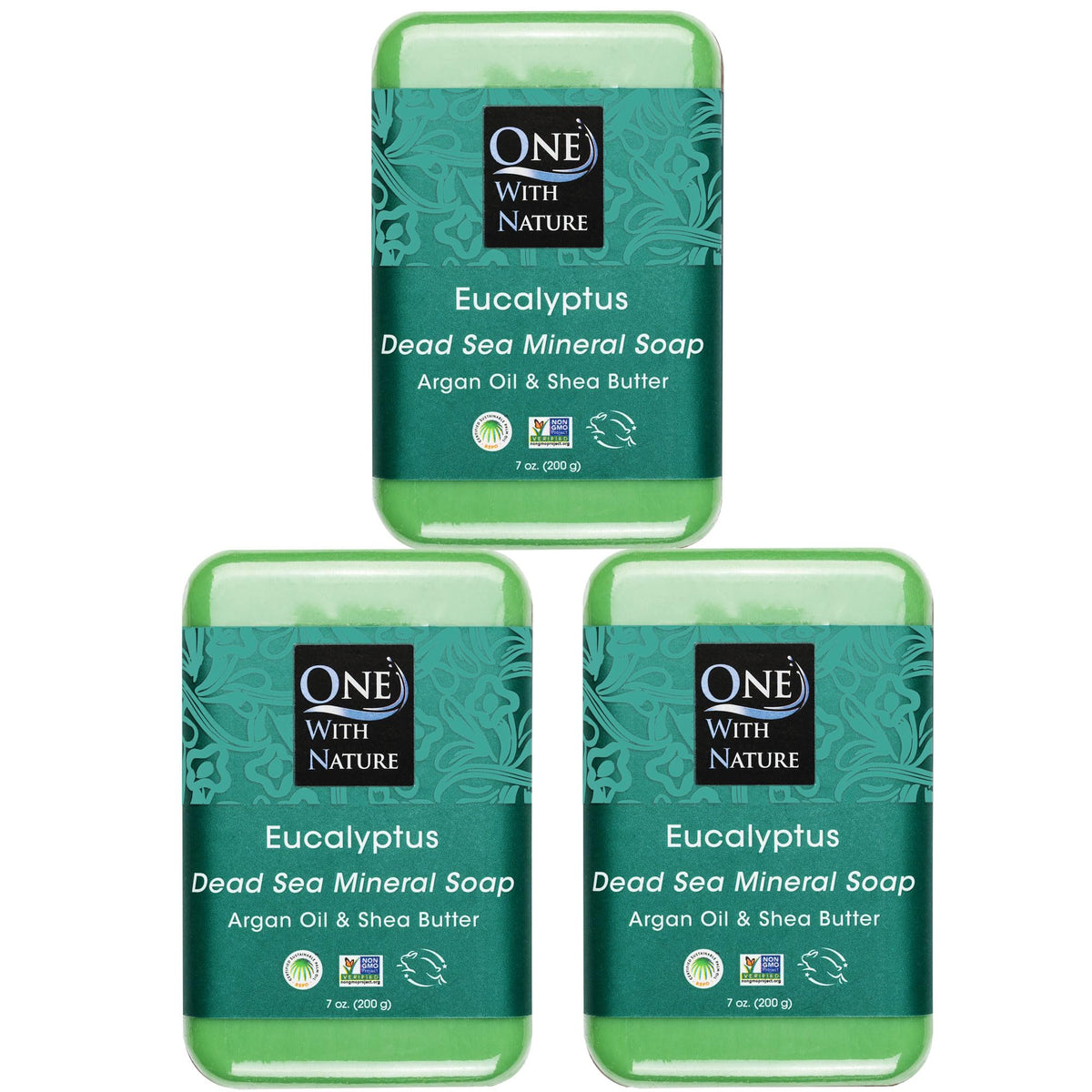 One With Nature eucalyptus soap 3-pack packaging highlights eco-friendly materials for sustainable skincare.