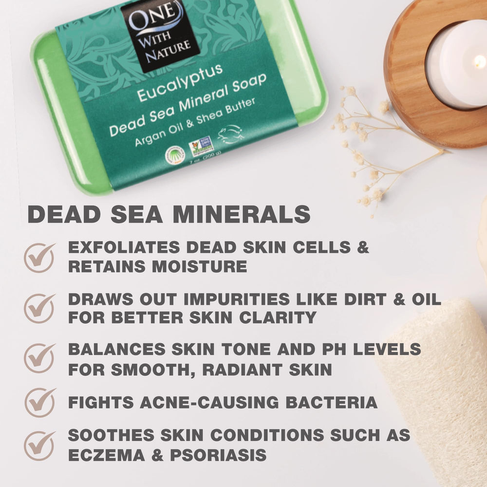 Closeup of One With Nature eucalyptus soap bar emphasizing natural texture and ingredients.