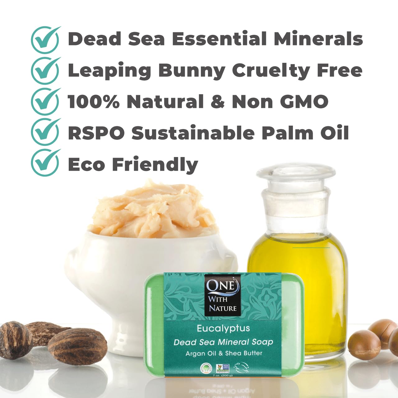 Lather shot of One With Nature eucalyptus soap showing creamy foam for face and body cleansing.