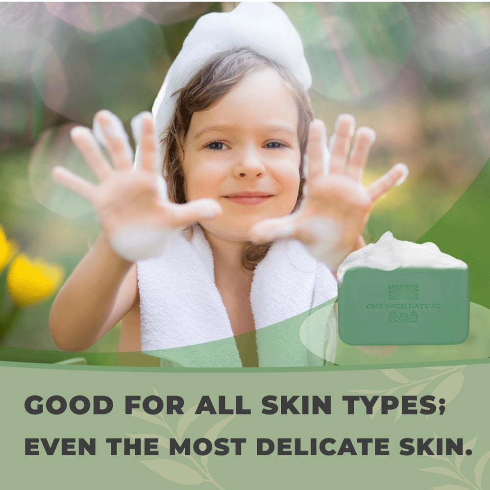 Swatch of shea butter and argan oil in One With Nature eucalyptus soap for moisture balance.