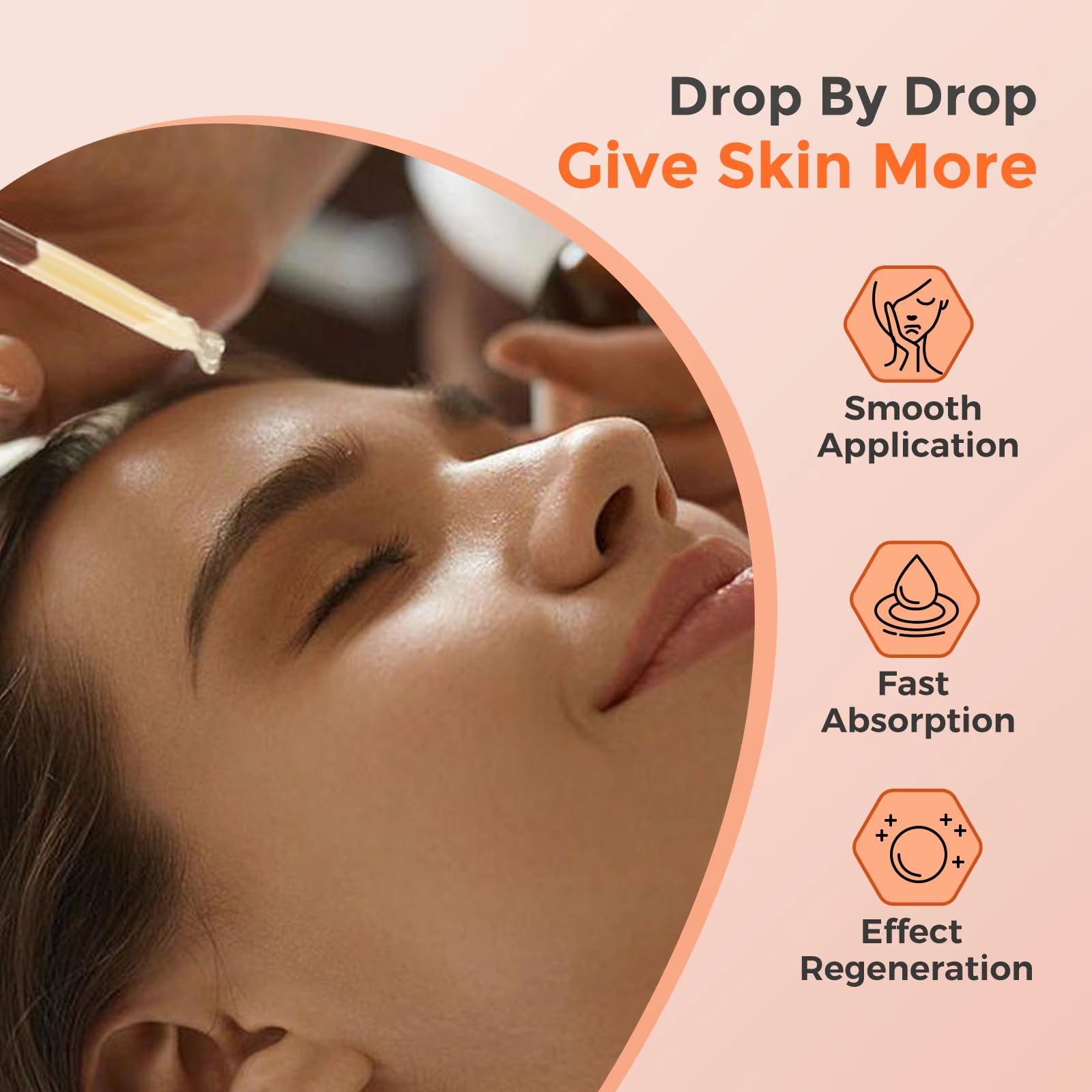 Close-up of serum absorbing into skin for hydrated, refreshed appearance.