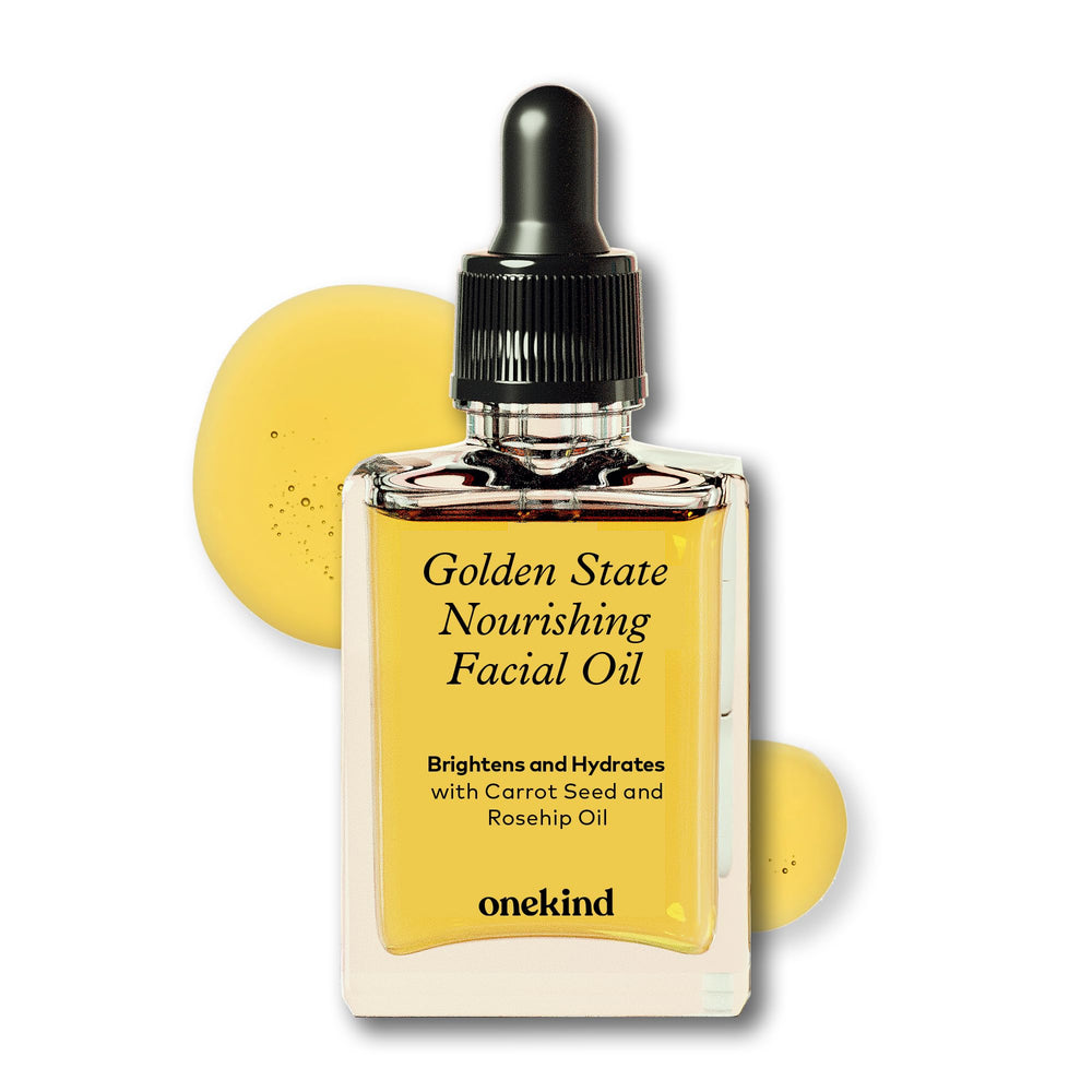 Onekind Golden State bottle closeup showing luxurious anti-aging oil for daily hydration.