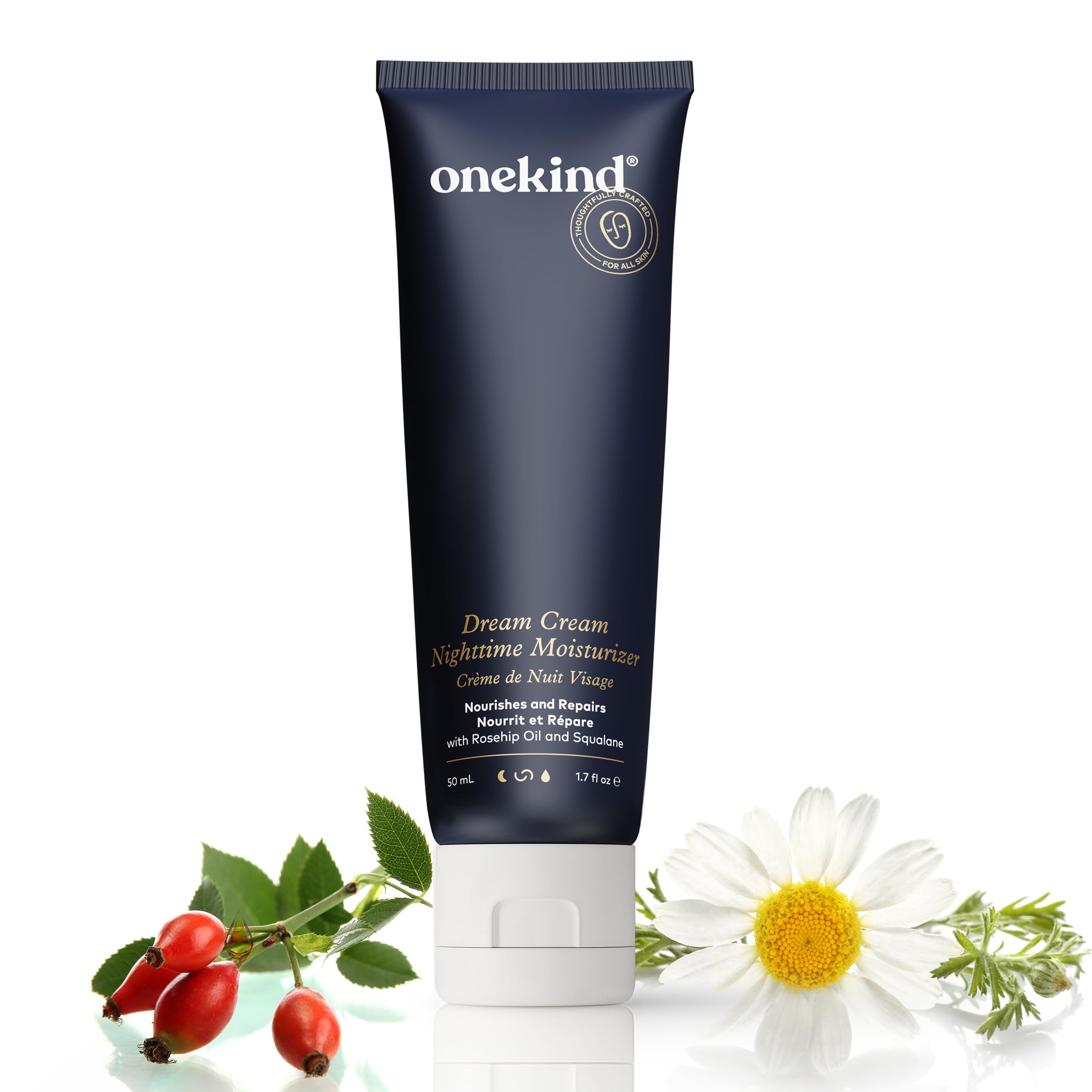 Onekind Night Moisturizer bottle shown for overnight hydration and glow.