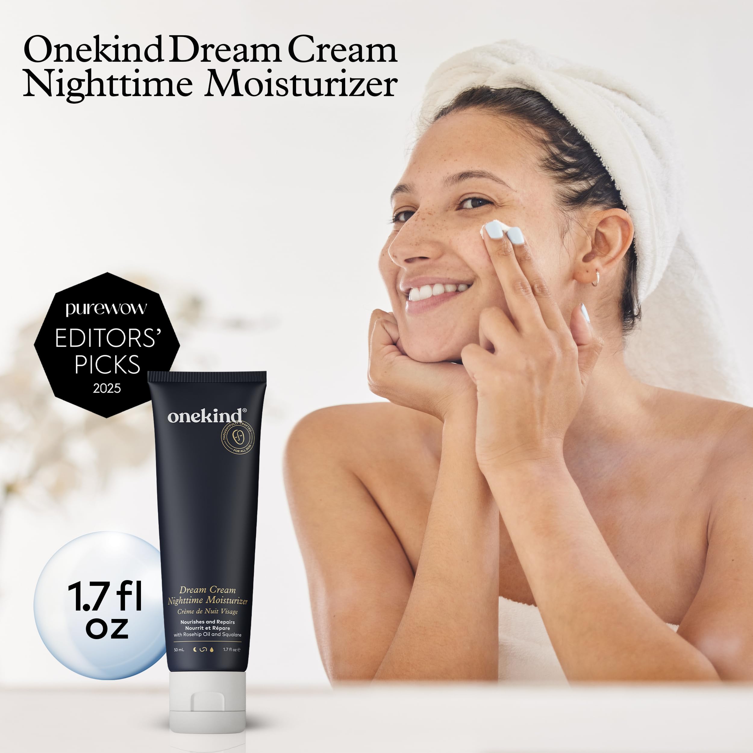 Onekind Night Moisturizer cruelty-free badge with eco-conscious packaging.