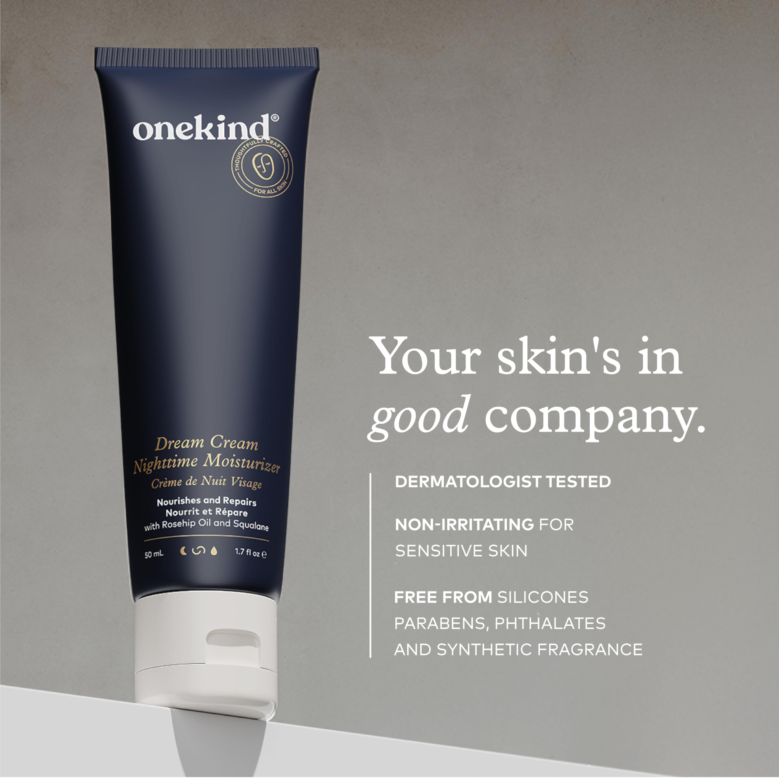 Onekind Night Moisturizer packaging displays minimal premium cruelty-free story.