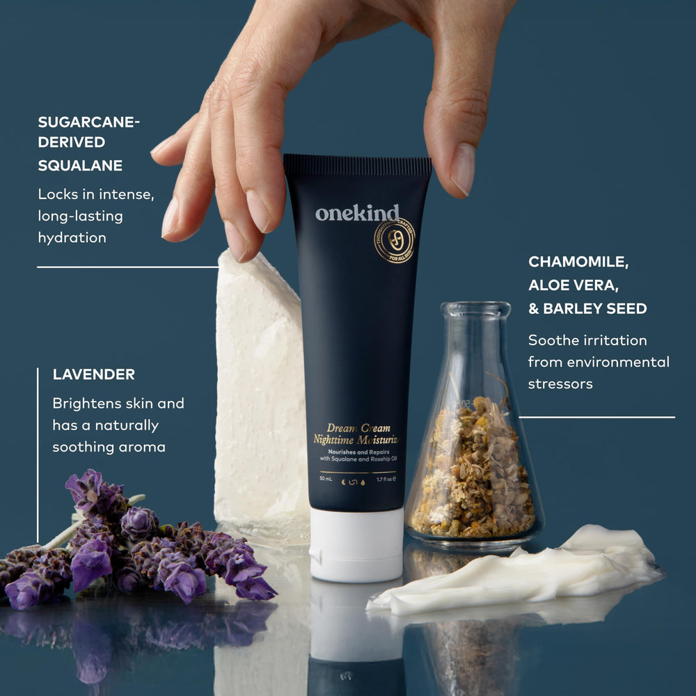 Onekind Night Moisturizer rosehip oil ingredient scene emphasizes antioxidant nourishment.