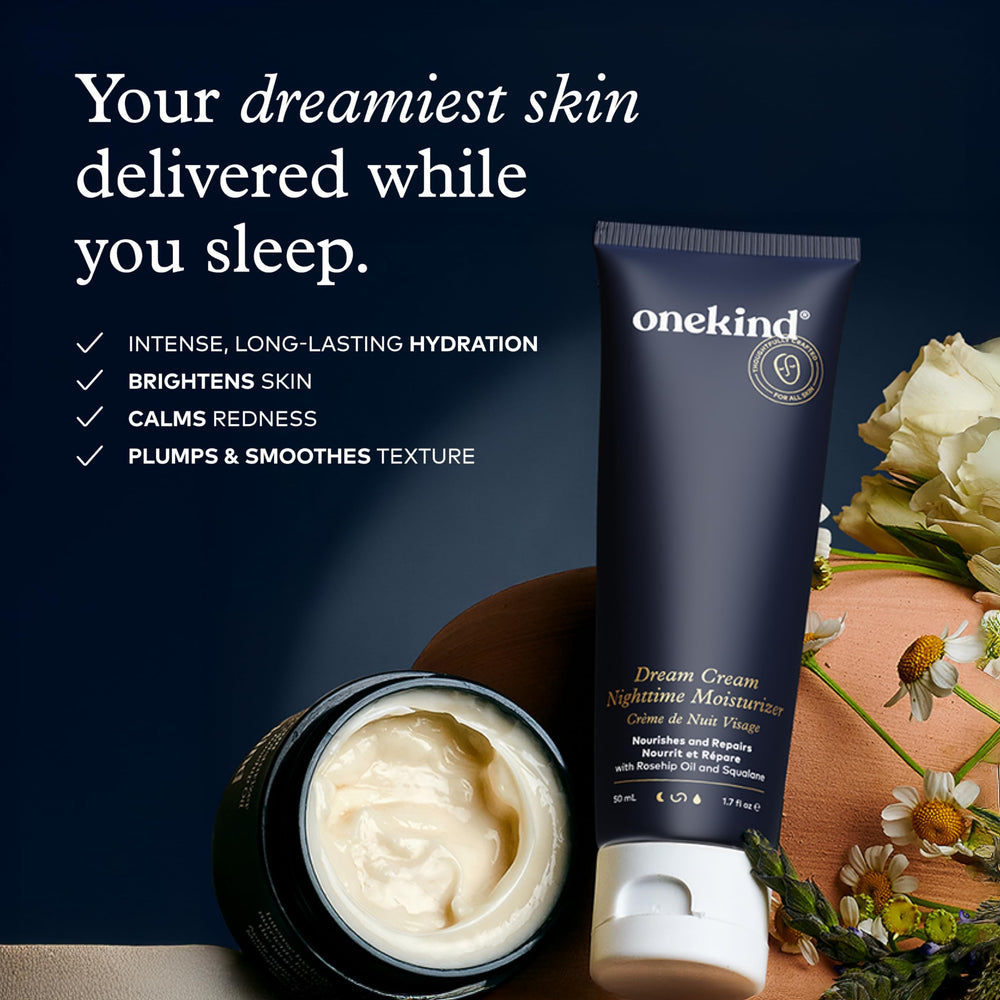 Onekind Night Moisturizer texture on skin demonstrates non-greasy nourishment.