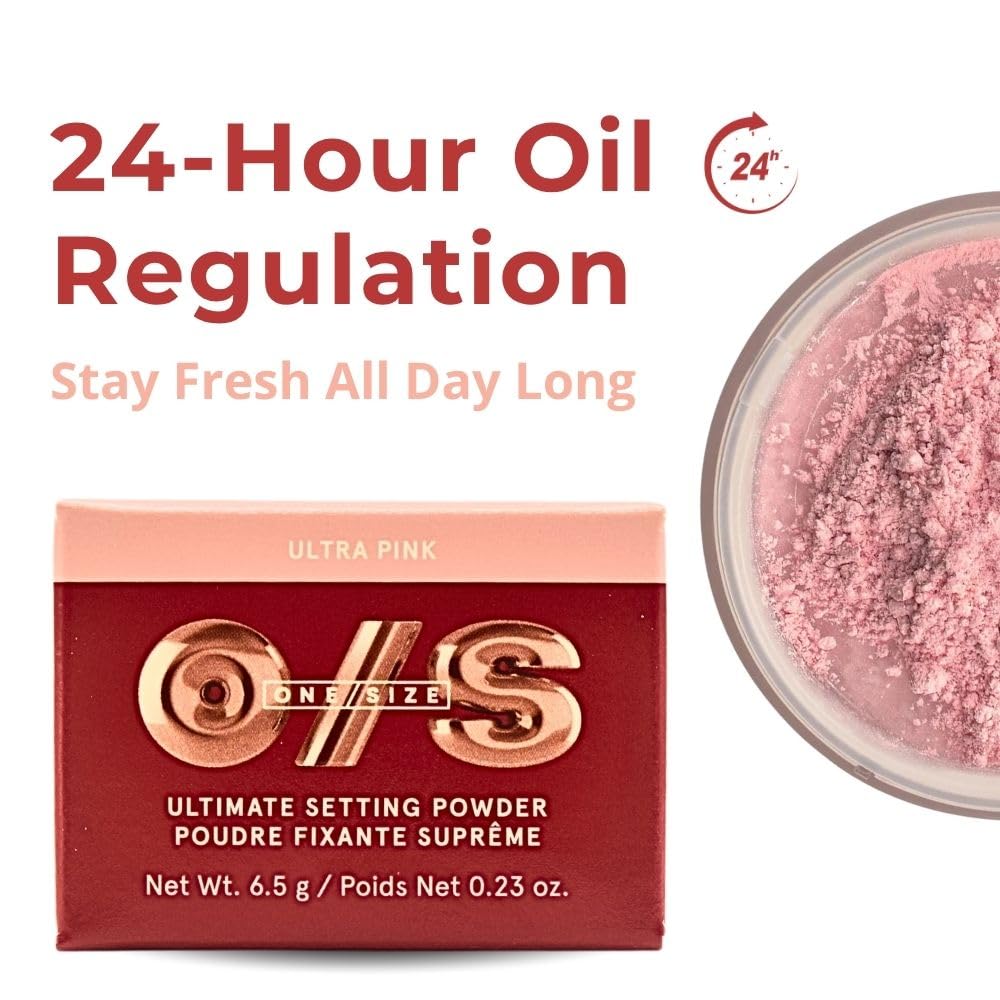 One Size powder texture close-up shows silky finish and micro-spheres for smooth skin.