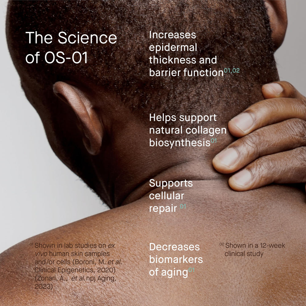 OneSkin OS-01 applied on the face and neck as part of daily routine.