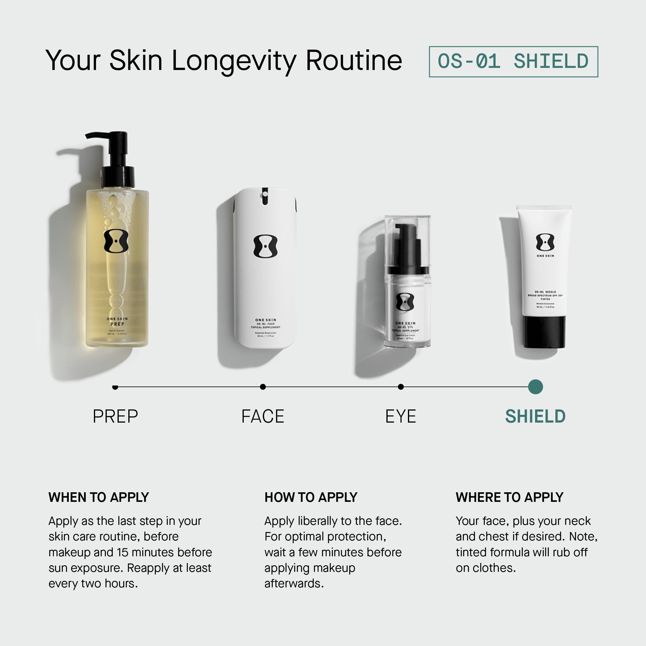 OneSkin OS-01 Shield packaging box emphasizes vegan and cruelty-free labeling.