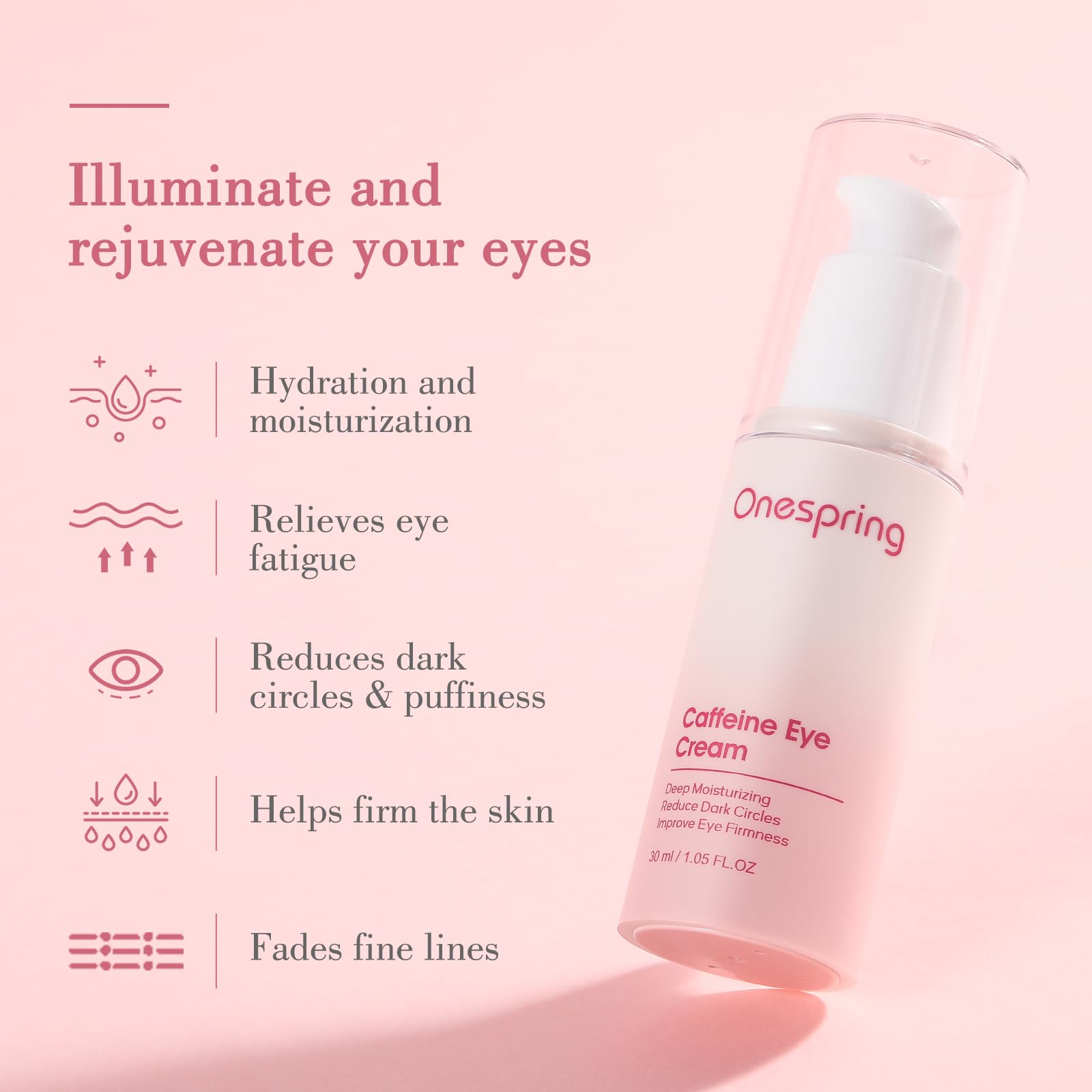Onespring caffeine ingredient display suggesting awake-looking eyes after use