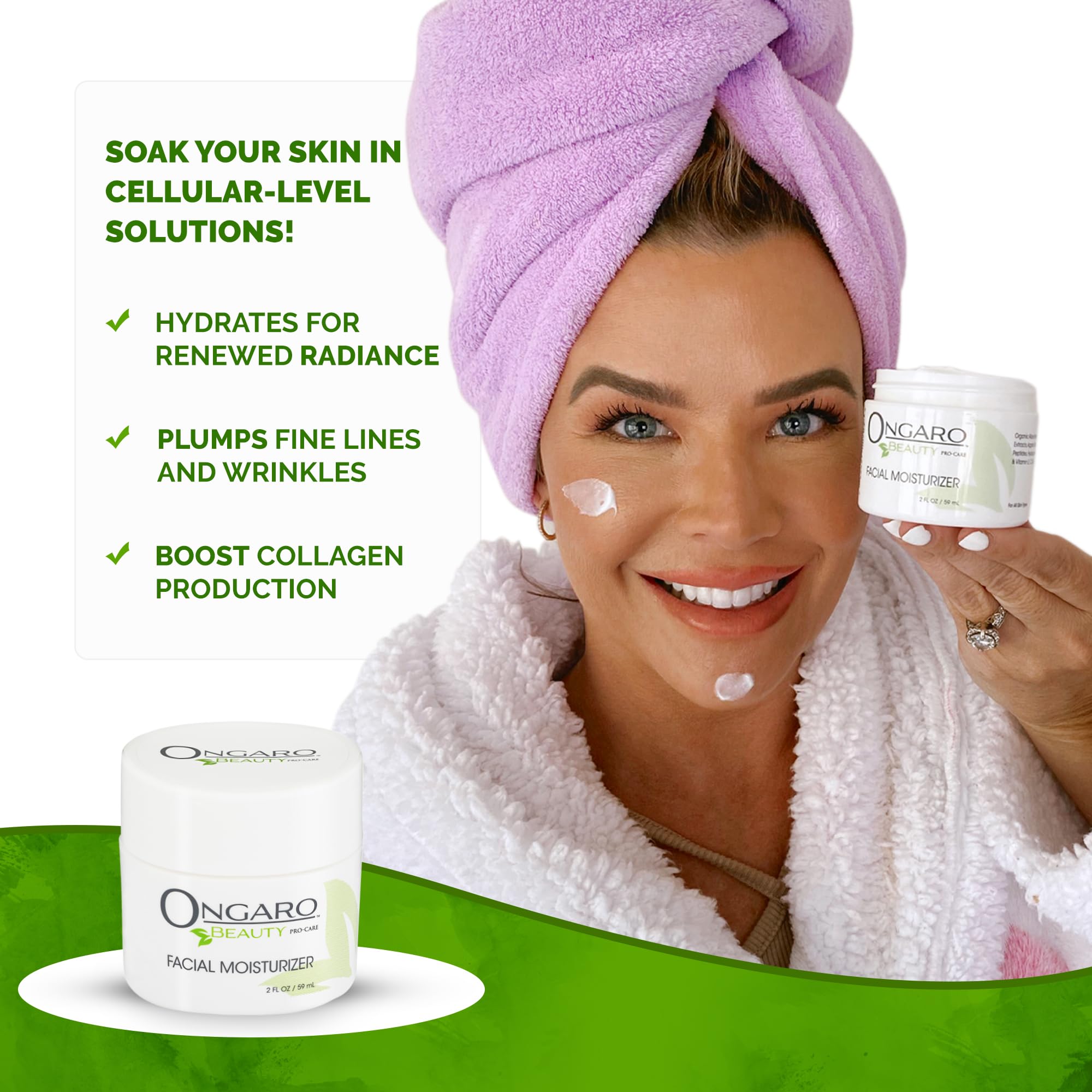 Ongaro Beauty ingredients graphic with lemon cucumber aloe emphasizes refreshing care