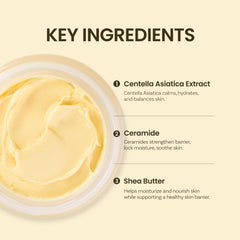 Hand-application of ONGREDIENTS Deep Calming Cream illustrating quick-absorbing moisture.