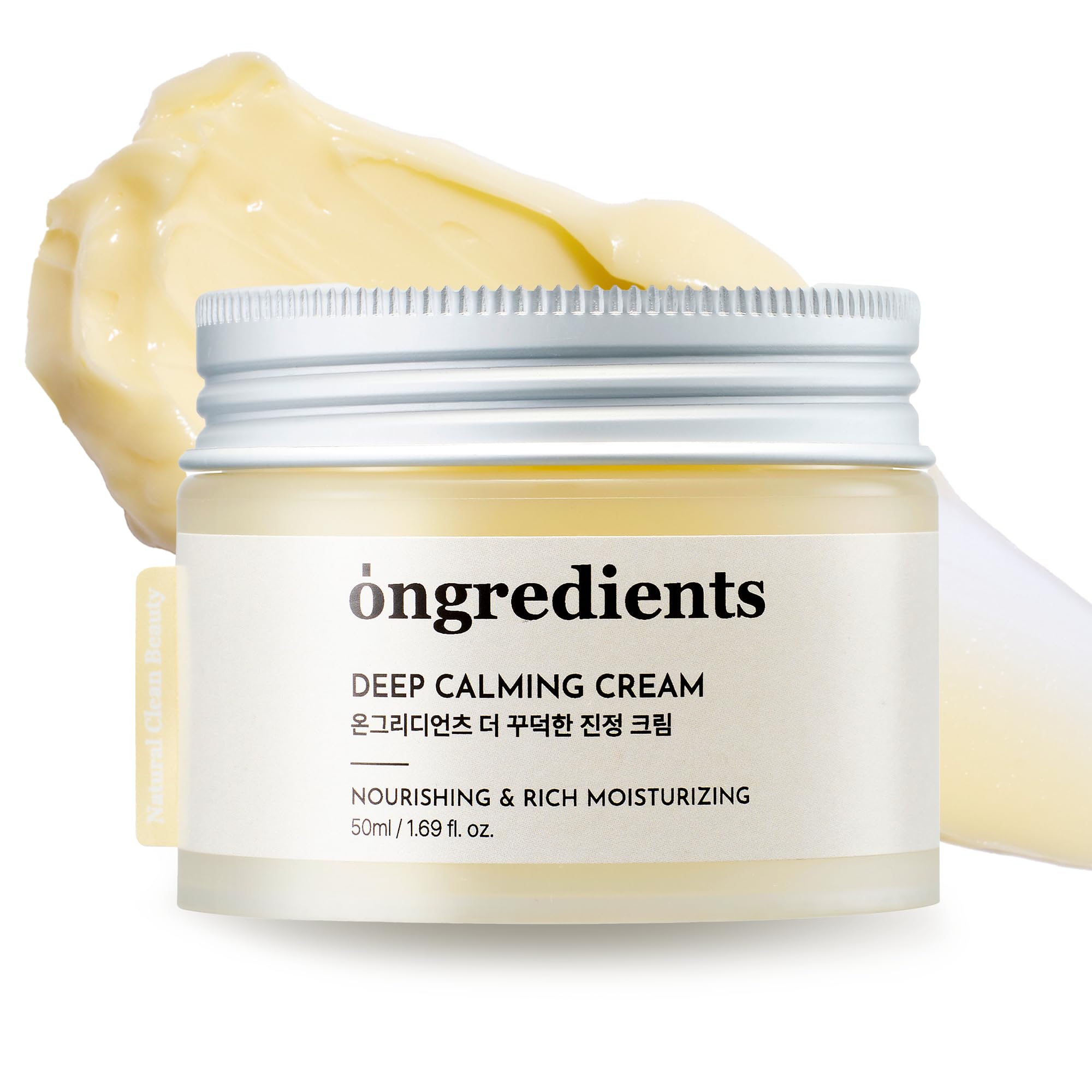 ONGREDIENTS Deep Calming Cream jar close-up showing fragrance-free hydration for sensitive skin.