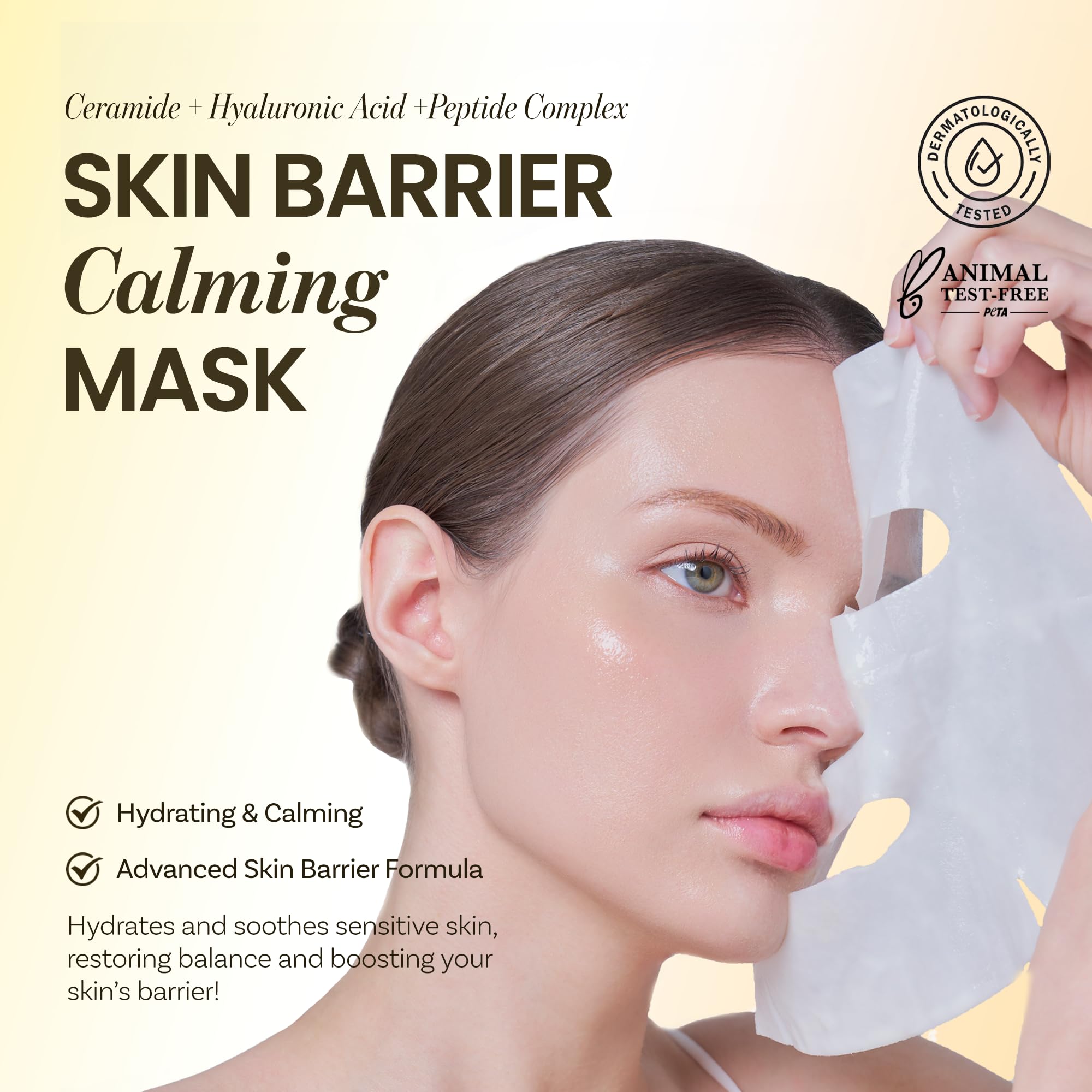 ONGREDIENTS Skin Barrier Calming Mask sheet close-up shows soothing texture for sensitive skin.