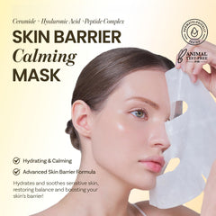 ONGREDIENTS Skin Barrier Calming Mask sheet close-up shows soothing texture for sensitive skin.