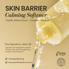 ONGREDIENTS Skin Barrier Calming Softener texture-application highlights soothing, plumping hydration.
