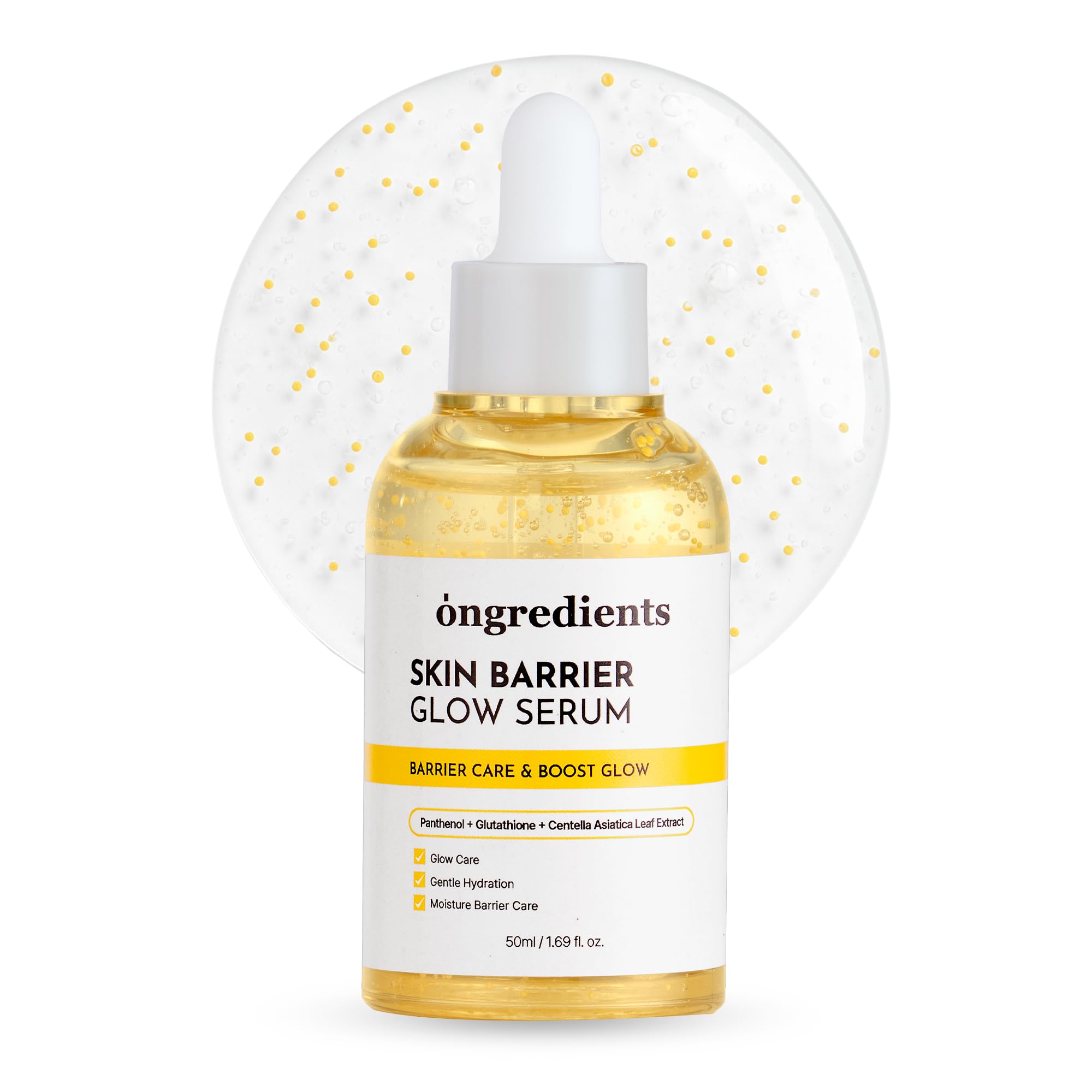 ONGREDIENTS Skin Barrier Glow Serum bottle front reveals glass-skin radiance and even tone