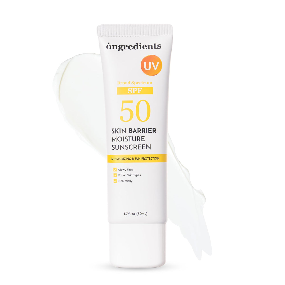 ONGREDIENTS Skin Barrier Moisture Sunscreen bottle shows hydrated protection for daily use