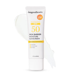 ONGREDIENTS Skin Barrier Moisture Sunscreen bottle shows hydrated protection for daily use
