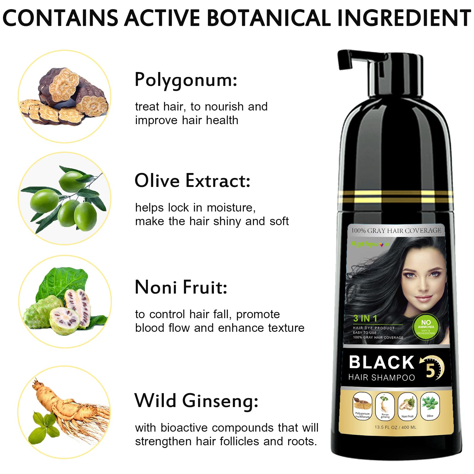 Onilyua Instant Black Hair Shampoo highlights herbal formula for strengthened, glossy hair.