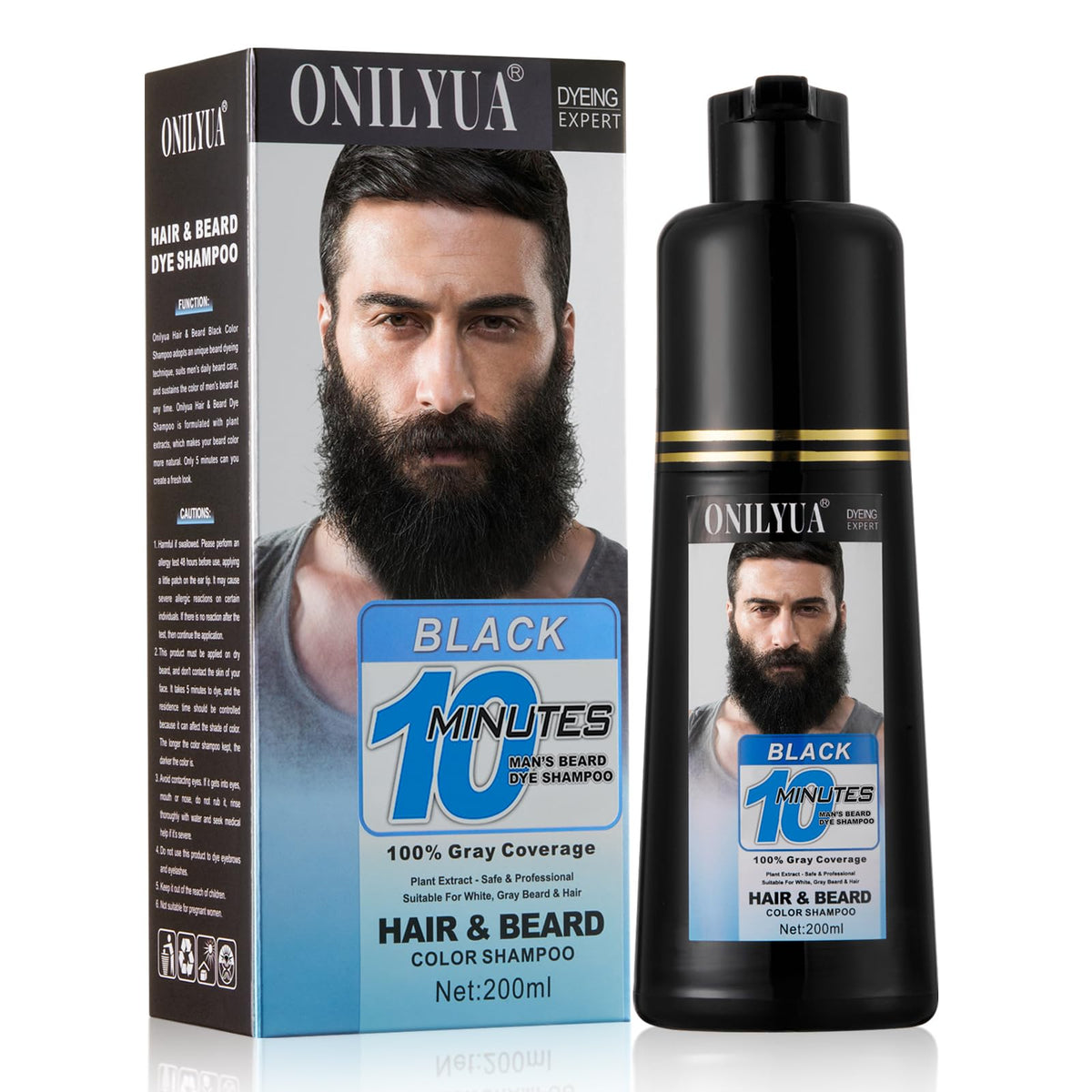 Onilyua 3-in-1 beard dye shampoo bottle close-up for quick gray coverage.