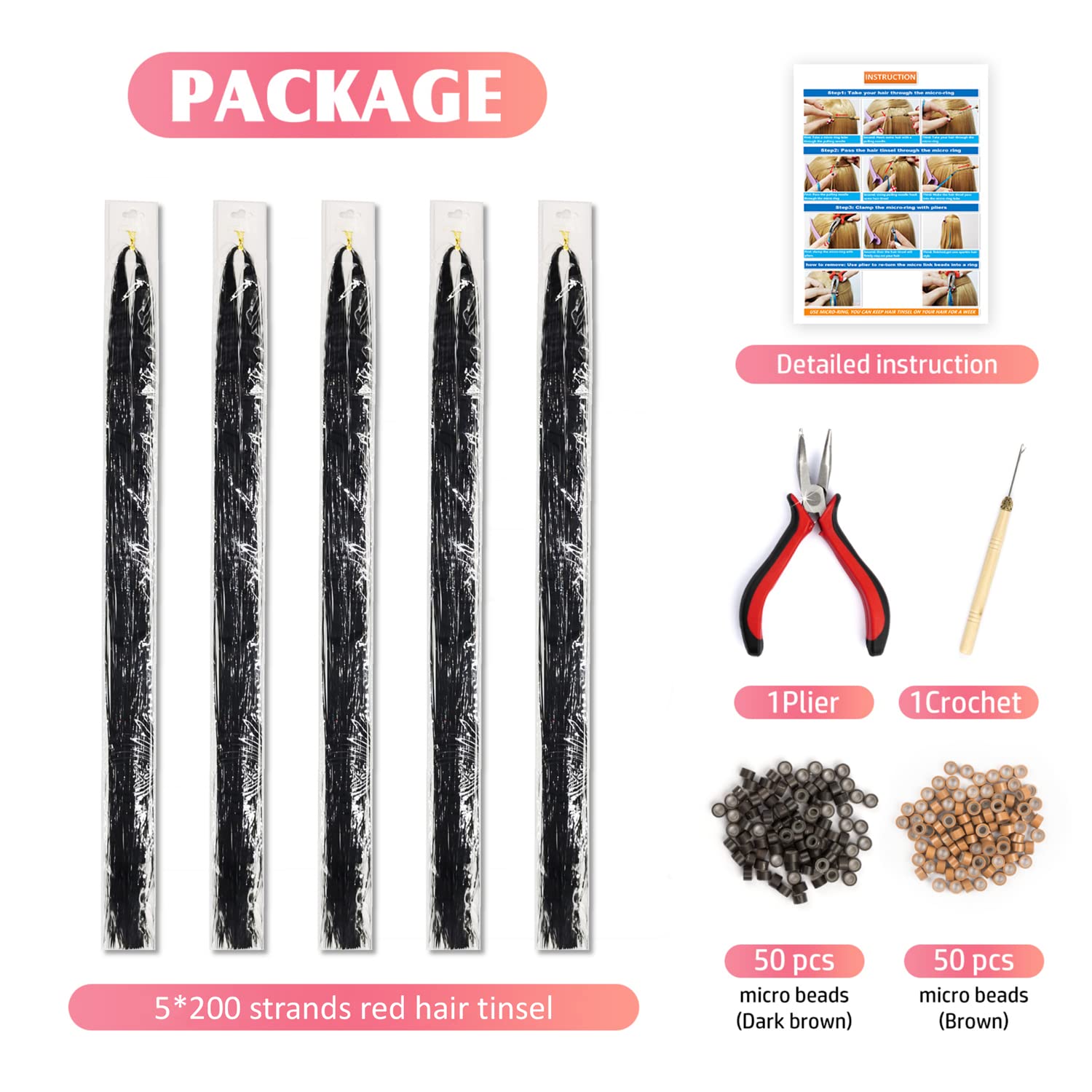 ONROCL hair tinsel kit includes plier and crochet hook for quick application.