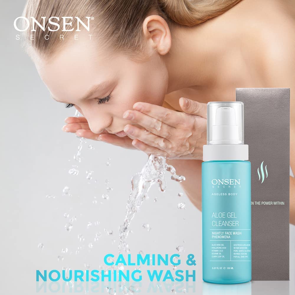Onsen Secret Aloe Face Wash foaming action cleanses without stripping skin