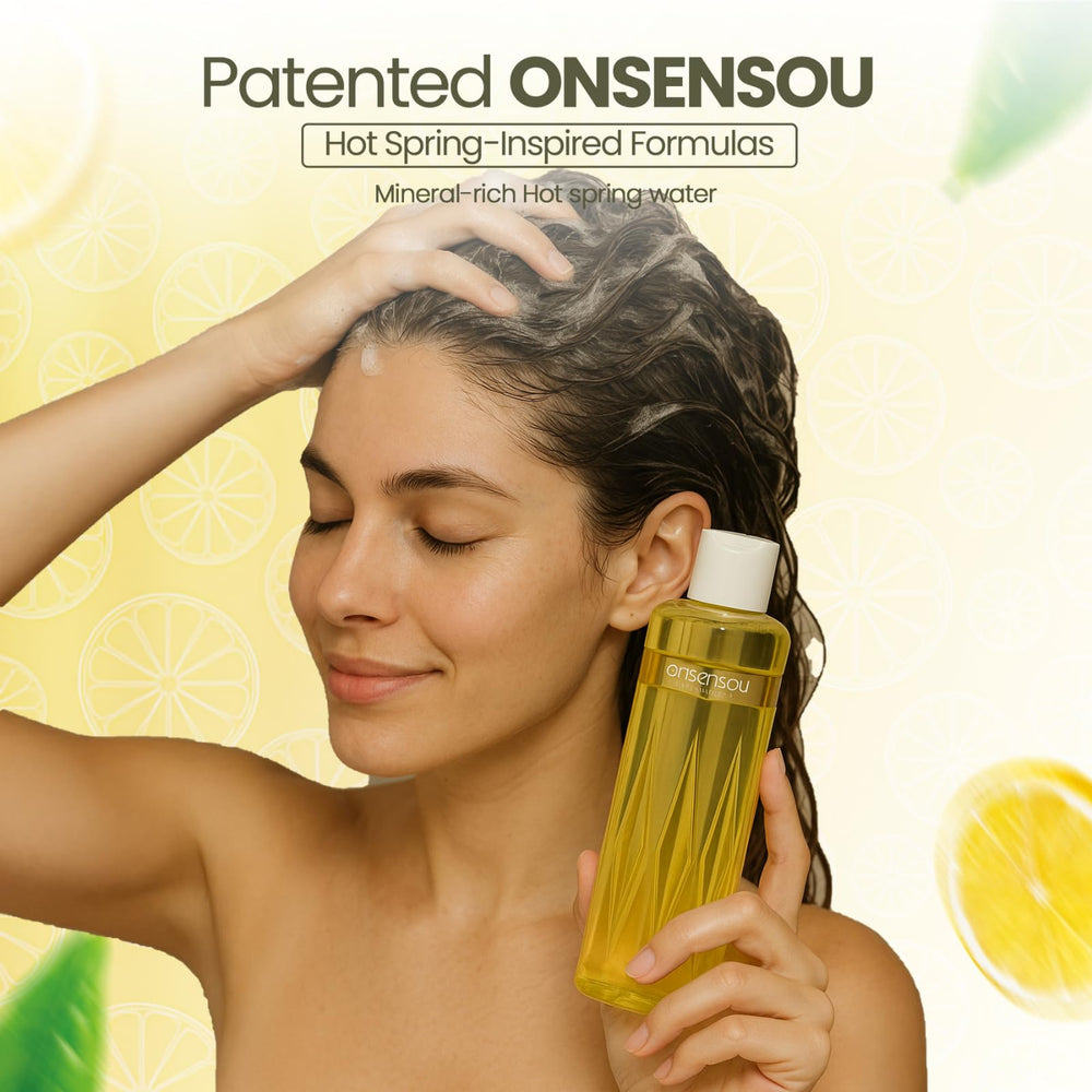 ONSENSOU hot spring yeast ingredient close-up highlights nourishing formula for healthier-looking hair