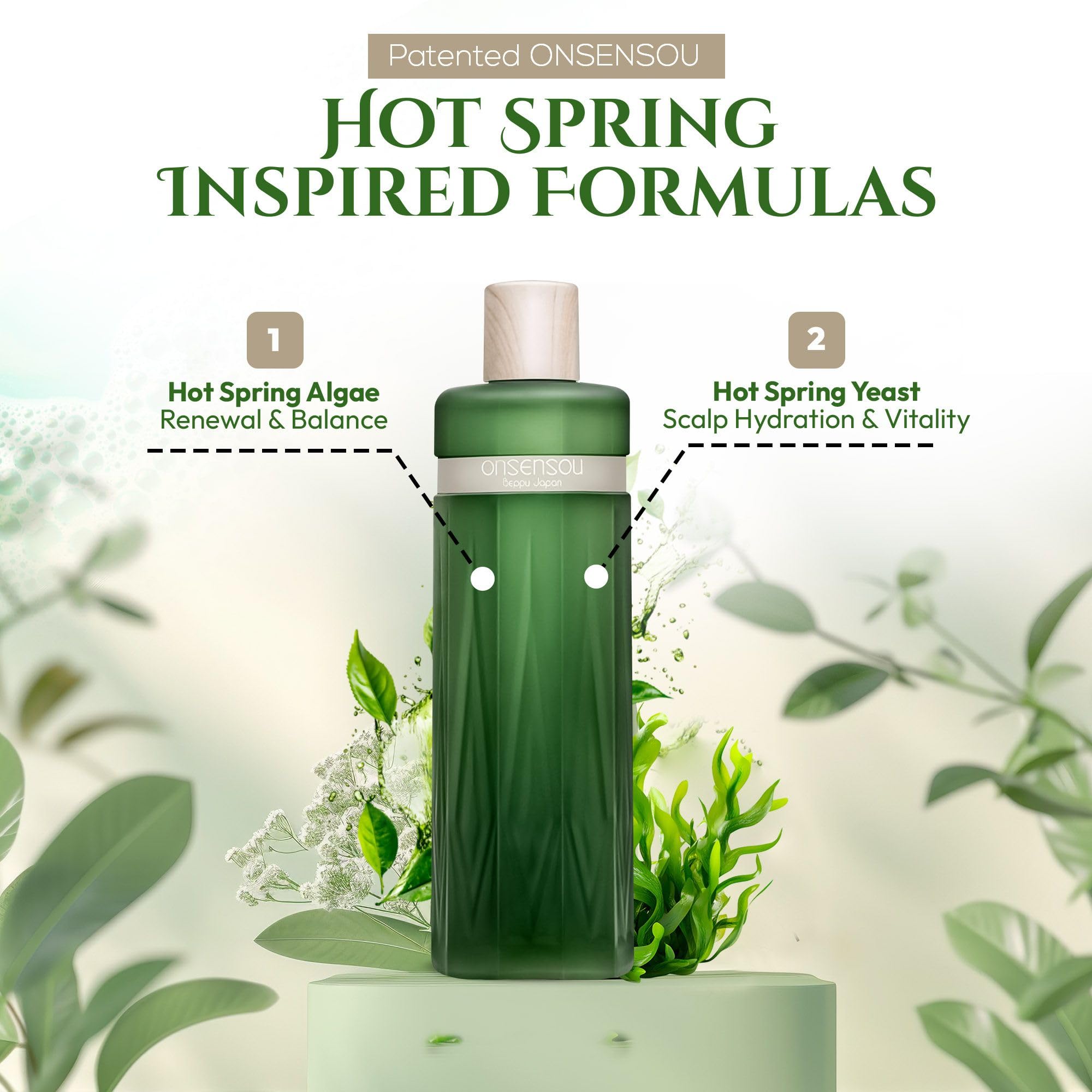 ONSENSOU hot spring yeast ingredients close-up promoting balanced scalp hydration.